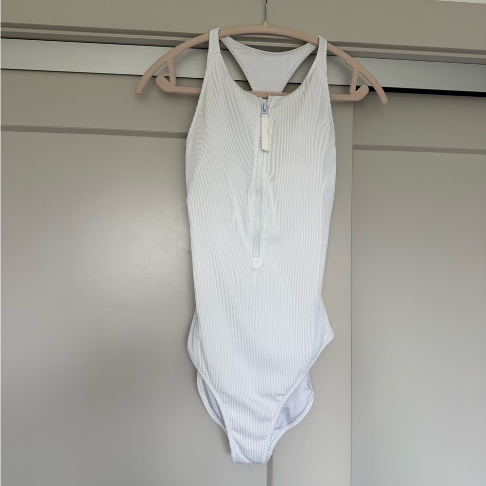 Fabletics Ribbed White Zipper Front One-Piece Swi… - image 6